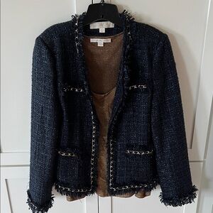 Boston Proper Navy Tweed Blazer with Fringe and coordinating shell set